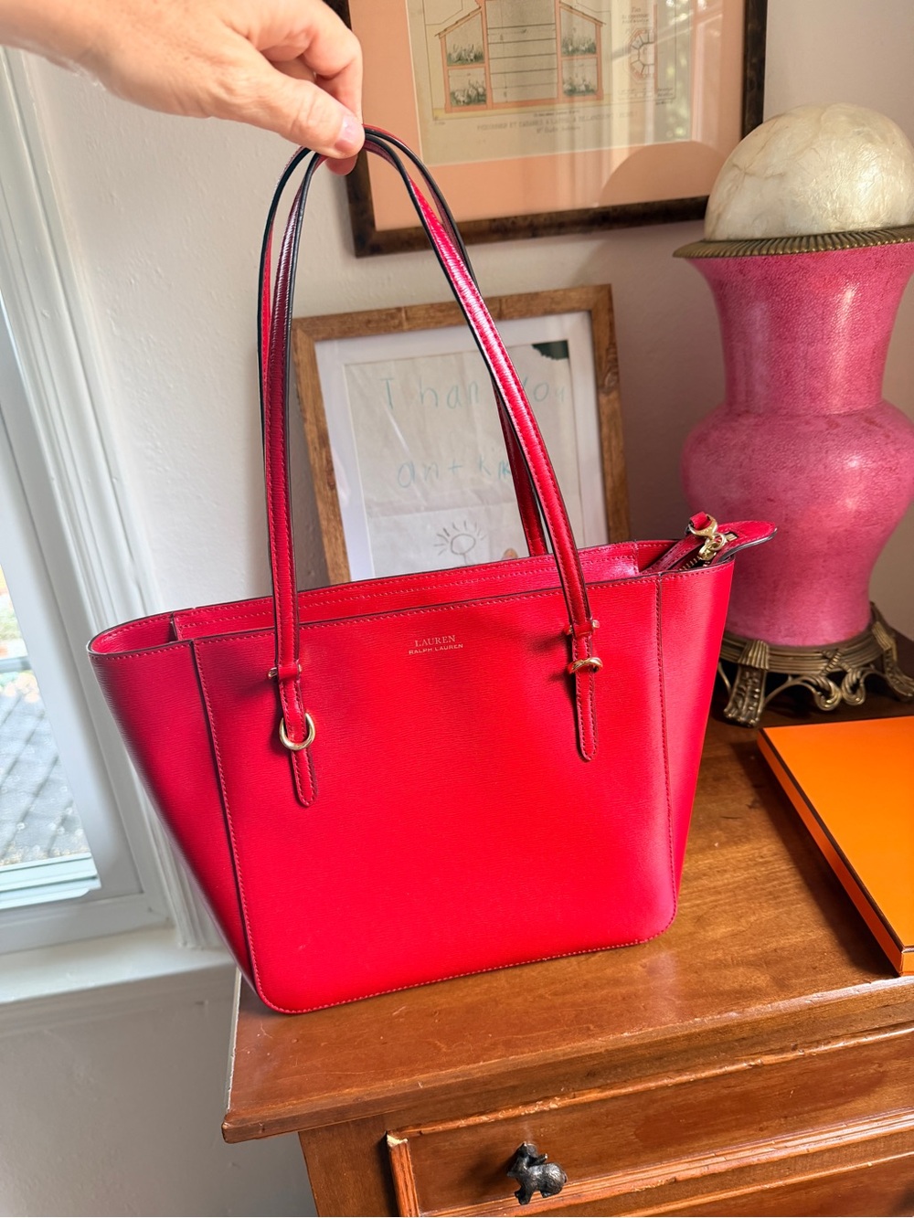 Lauren Ralph Lauren Red Leather Bennington Medium Tote